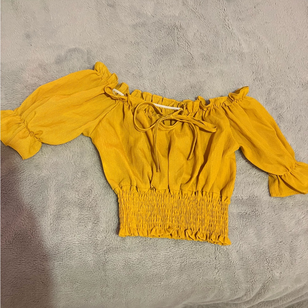 Shein, yellow/ gold, off the shoulder crop top
